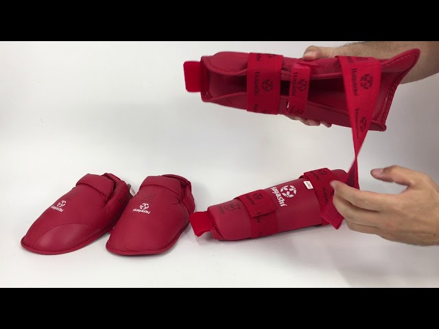 Protège-tibias et pieds Karate Hayashi Bleu ou rouge - WKF 43 Aperçu vidéo protège-tibias et pieds karaté Hayashi WKF rouge