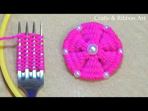 Super Easy Woolen Flower Making Ideas with Fork - Hand Embroidery Amazing Trick - DIY Yarn Flower