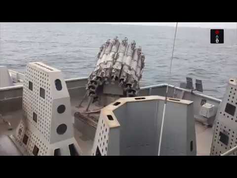 INS Kiltan firing anti submarine rocket launcher RBU-6000