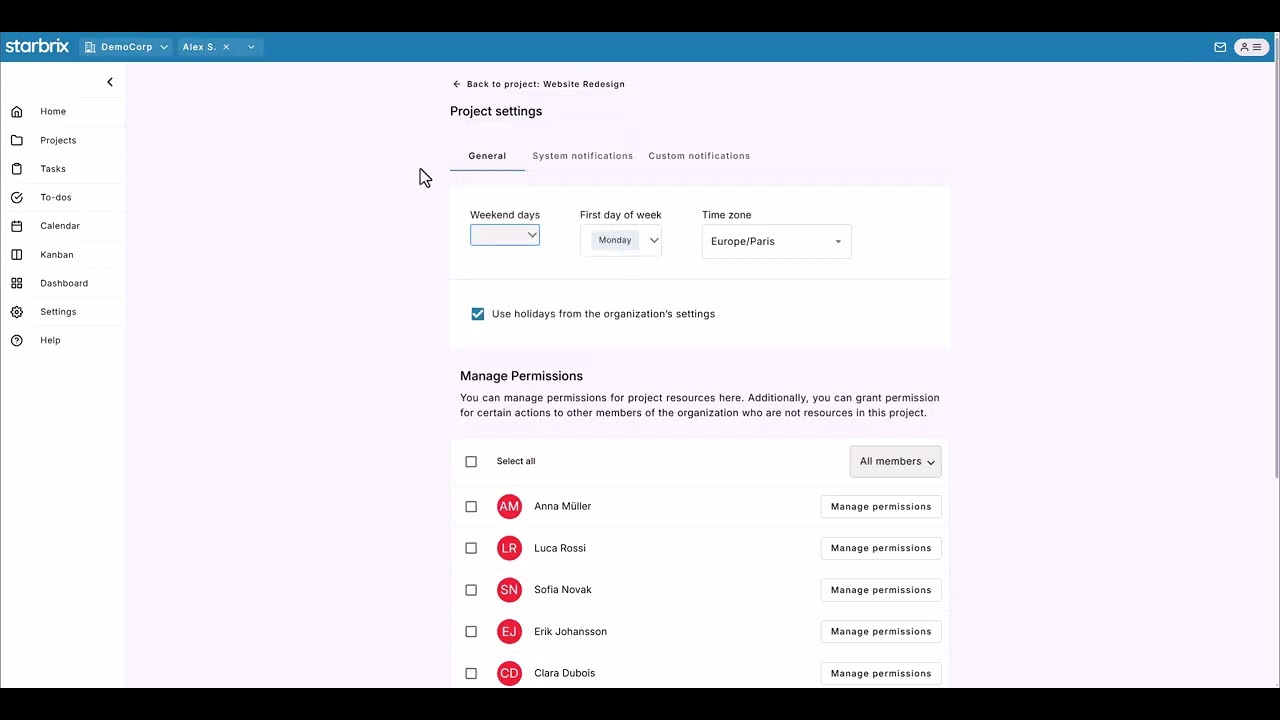 How to Adjust Weekend Days and Time Zone for a Project