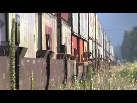 "Double Stacker" intermodals cross in the loop at Birch Island, B.C.  Aug 7 2014