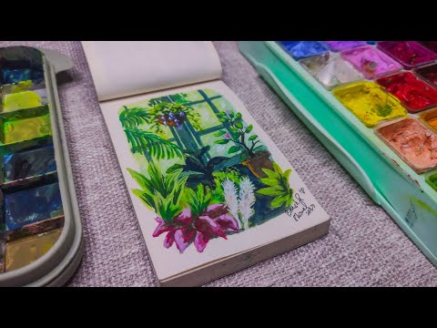 How to paint Plants inside the greenhouse with many layers? | Himi miya Gouache Tutorial Timelapse