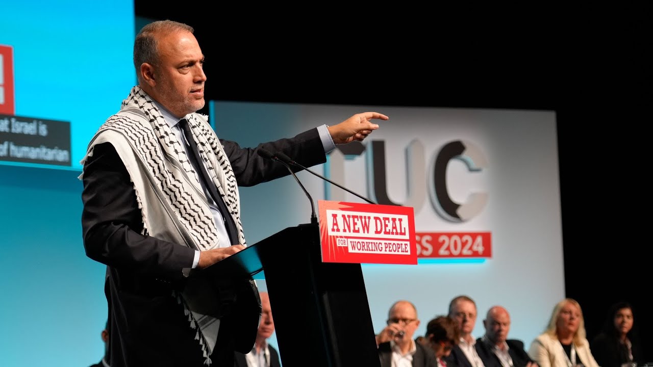 Palestinian ambassador to the UK Husam Zomlot speaks at the TUC Congress.