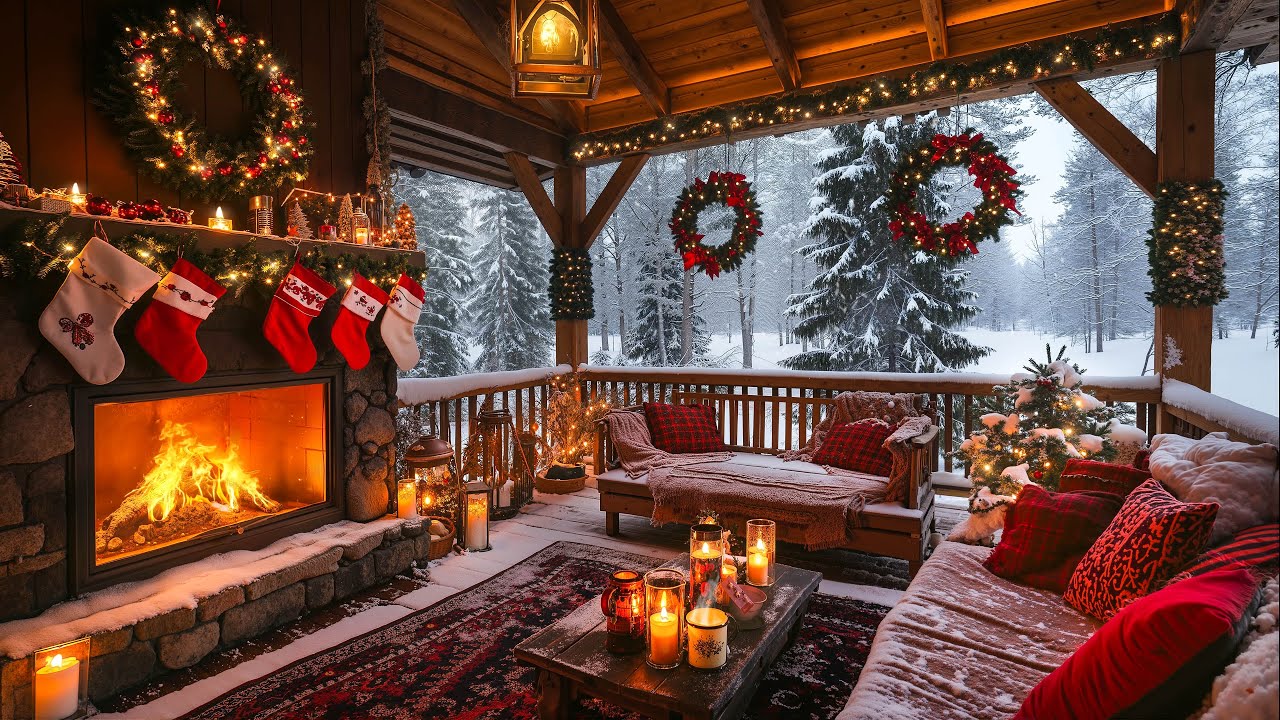 ❄ Snowing Ambience by Balcony 🎄🎅 Relaxing Christmas Jazz 2025 in Living Room & Warm Fireplace Sounds