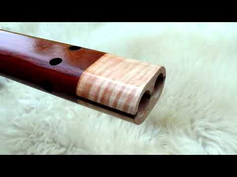 Native American Inspired 7 hole Drone flute in the Key of F# of Padauk + Curly Maple feather carving