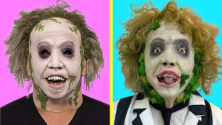 Repainting Cheap Halloween Masks - Beetlejuice, Barbra. Adam