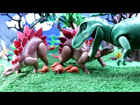 Tyrannosaurus tries to steal Stegosaurus eggs - Playmobil Dinosaur story - Dinosaurs for kids