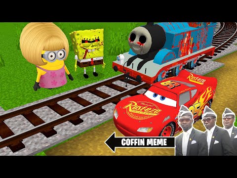 THOMAS THE TANK ENGINE.EXE and LIGHTNING MCQUEEN vs MINIONS in Minecraft - Coffin Meme and SPONGEBOB