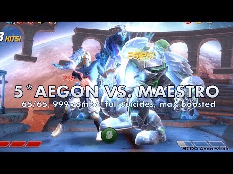 5* Star Aegon 1 Revive, 65/65, 999 Combo, Boosts & Suicides vs. Maestro in MCOC Labyrinth of Legends