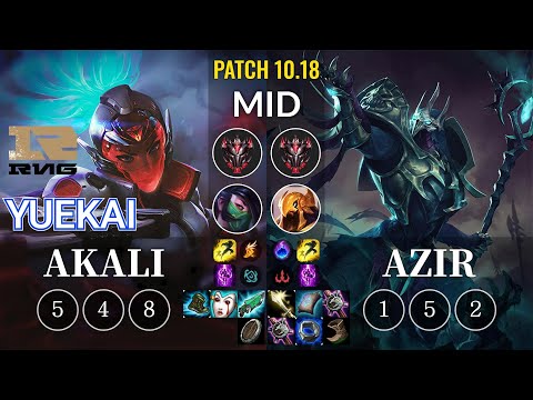 RNG yuekai Akali vs Azir Mid - KR Patch 10.18