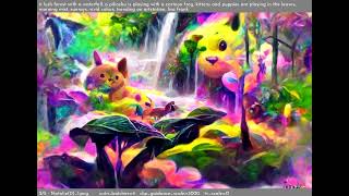 Disco Diffusion - Pikachu In a Lush Forest - In the style of Lisa Frank