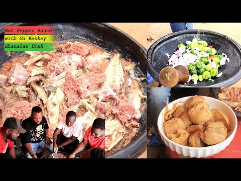 Simple Ghanaian Street Food / Hot Pepper Sauce alongside Mackerels & Corned Beef with Ga Kenkey