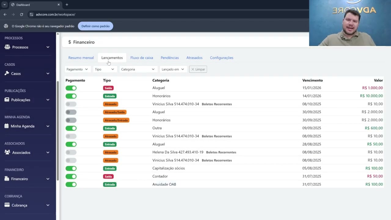 Gestão Financeira no AdvCore Academy | Sistema Jurídico AdvCore