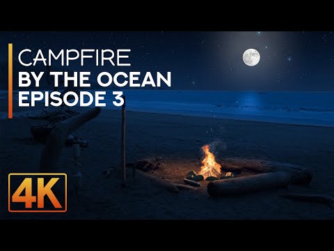 Relaxing Campfire by the Ocean in 4K UHD - Full Moon Night Ambience for Deep Sleep - Episode 3
