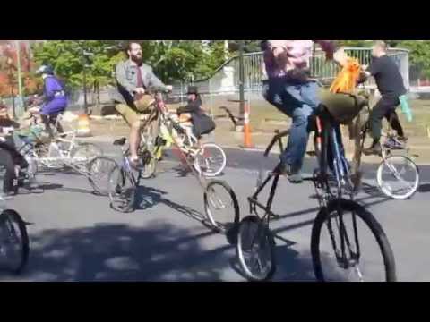 Tall bikes w Les Muses Tanguent from Paris, France, Honkfest 2014, Cambridge