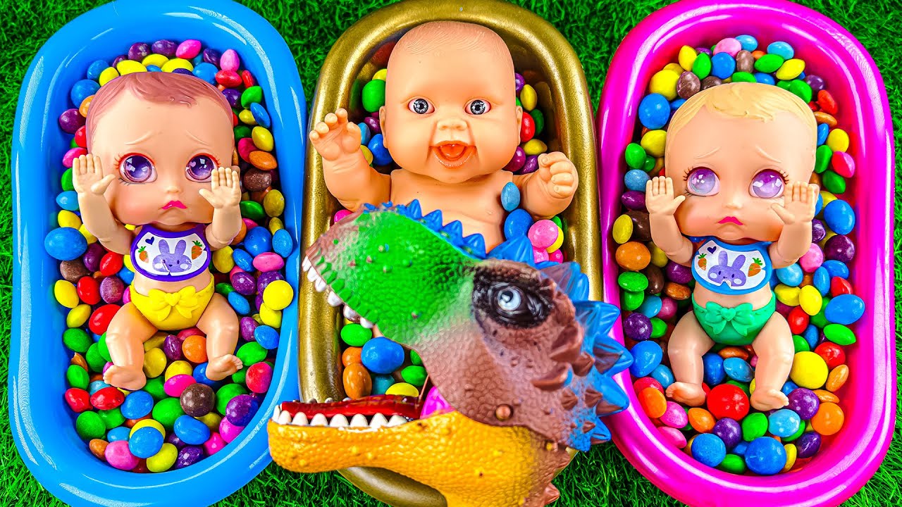ASMR Satisfying - Rainbow Three BathTubs Mixing Color Candy with Crazy Dinosaur