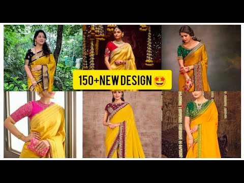 Latest Yellow sarees with contrastblouse IYellow sarees collection I Yellow saree contrast blouse 