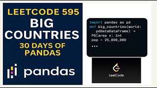 YouTube video 'LeetCode 595 Big Countries in Python | 30 Days of Pandas Playlist Tutorial'