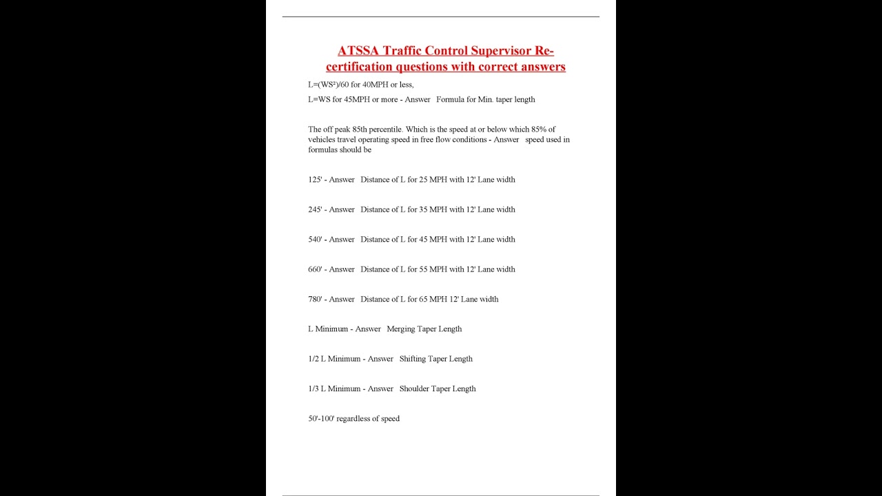 ATSSA Traffic Control Supervisor Re certification questions with correct answers