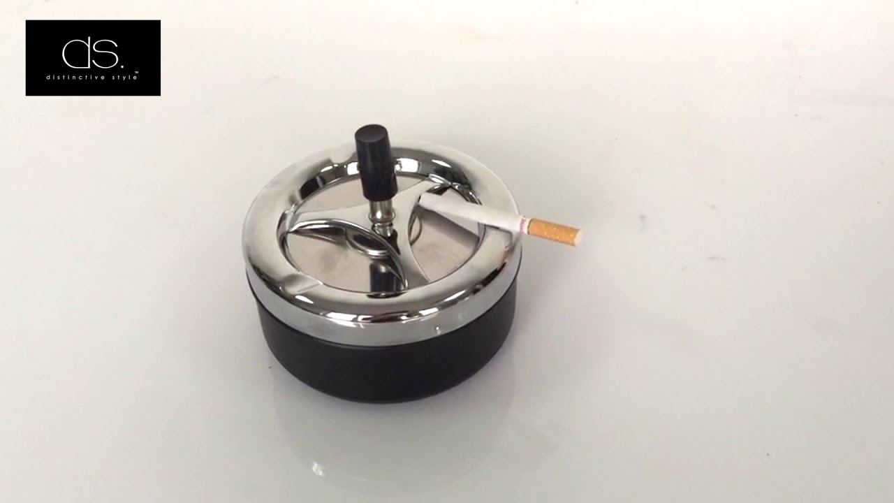 Round Push Down Spinning Metal Ashtray - Black