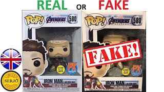Comparison of the fake Funko POP! Iron Man 580! GLOW (PX)
