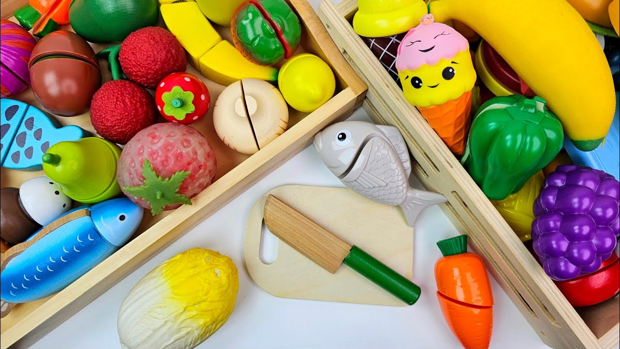 ASMR カット木とプラスチックのおもちゃのフルーツ - How To Cutting Plastic fruits, Mixing Carrtot, Banana, Grape Squishy