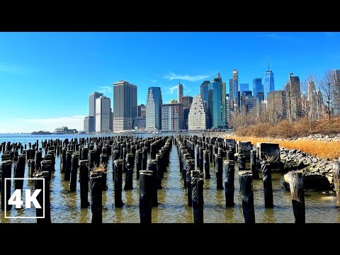 Sunny Walk Through Brooklyn Bridge Park with NYC Skyline | 4K New York City Walking Tour