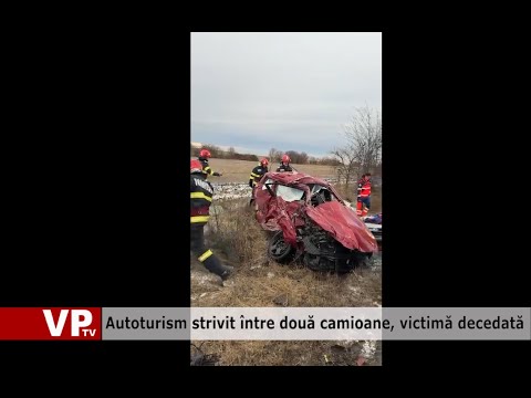 Autoturism strivit între două camioane, victimă decedată