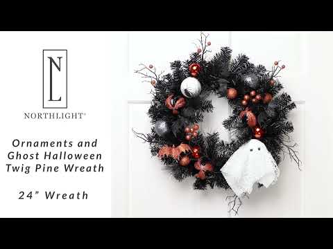 Ornaments and Ghost Halloween Twig Pine Wreath - 24" - Unlit | Northlight SM93994 | Northlight