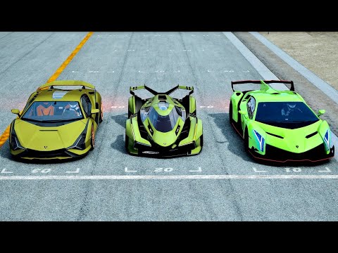 Lamborghini V12 Vision GT vs Lamborghini Sian vs Lamborghini Veneno - Drag Race 10 KM