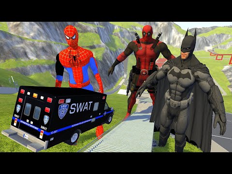 Stairs Jumps Down Between Spiderman And Batmen - BeamNG drive Deadpool Crazy Jumps