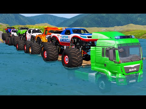 Quad Flatbed Long Trailer Monster Trucks Transport Car Rescue - Cars vs Deep Water 03