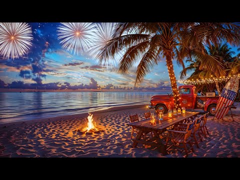 🇺🇸 4th of July Beach Ambience: Fireworks, Bonfire & Ocean Waves with Relaxing Patriotic Music | 4K