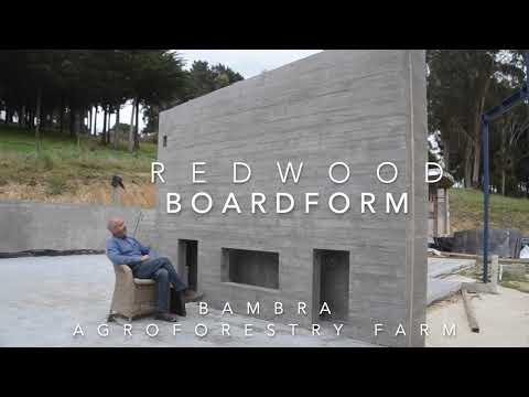 Redwood Boardform Concrete fireplace wall