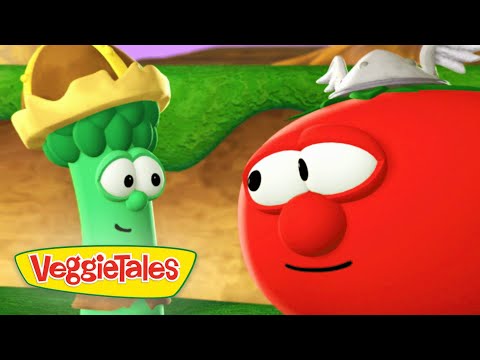 Cartoon broccoli wearing a crown talks to a red tomato character; VeggieTales logo visible in corner on a colorful background.