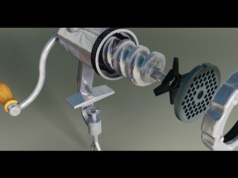 Animated meat grinder assembly