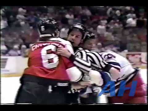 NHL Jan. 14, 1990 Rudy Poeschek,NYR v Jeff Chychrun,PHI New York Rangers Philadelphia Flyers