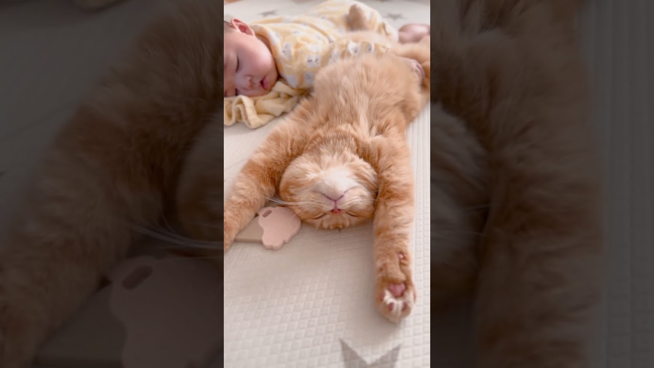 寝てるひなたんの隣にまるが行ったらひなたんまるに気づいて、ギューってして2人で寝たよ👶🏻😸🤍#cat #かわい #baby #癒やされる #赤ちゃん