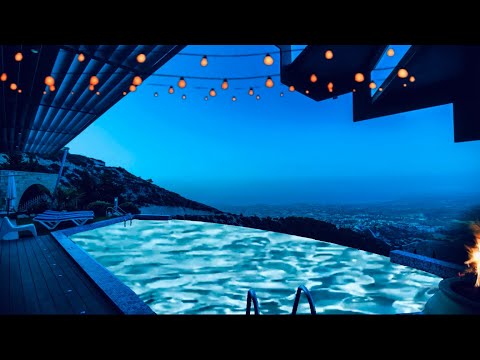 Infinity Pool Ambience w/ fire pit 🔥 overlooking city at night | Relaxing Private Pool Ambience