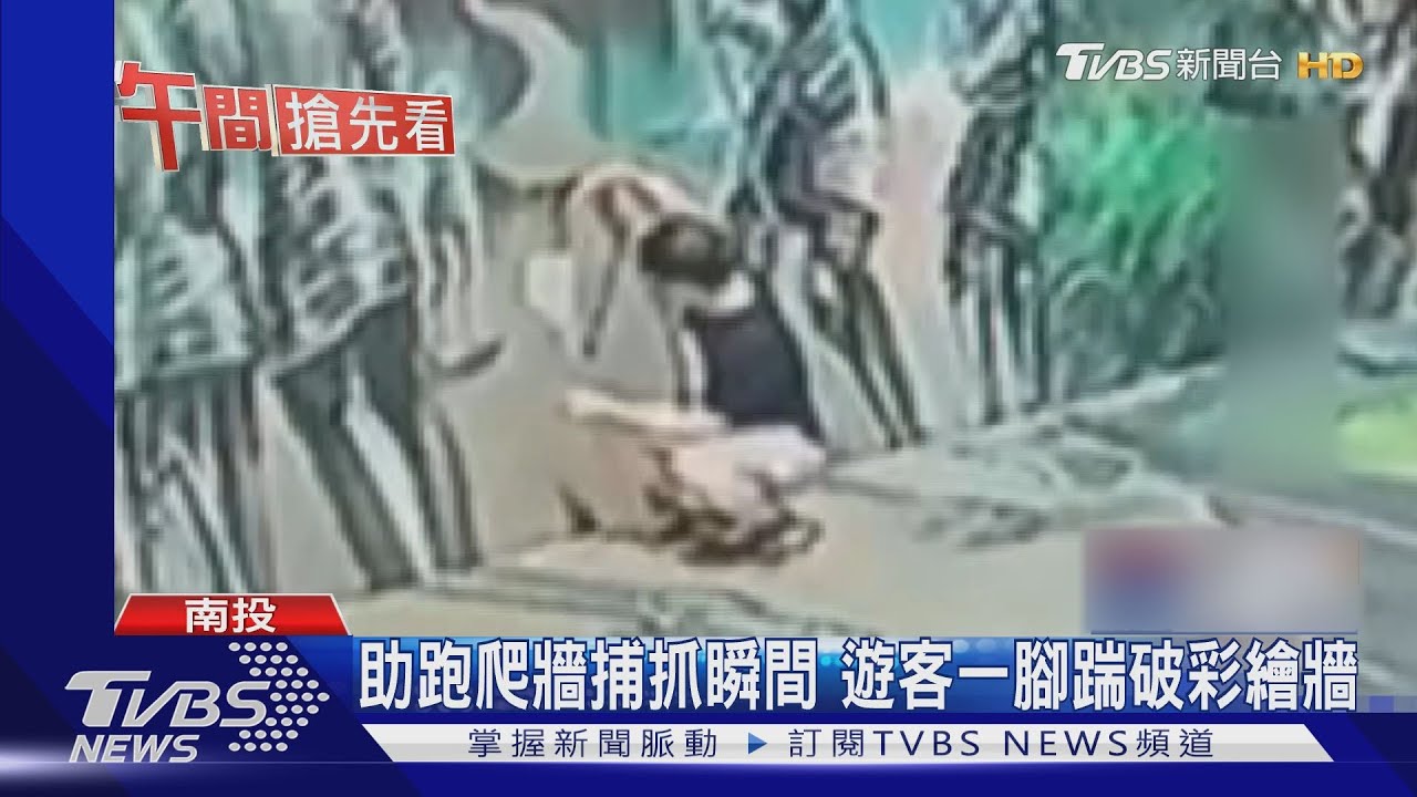 助跑爬牆捕抓瞬間 遊客一腳踹破彩繪牆