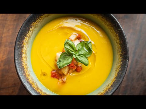 Curried Kabocha Squash Soup with Roasted Pepper Relish