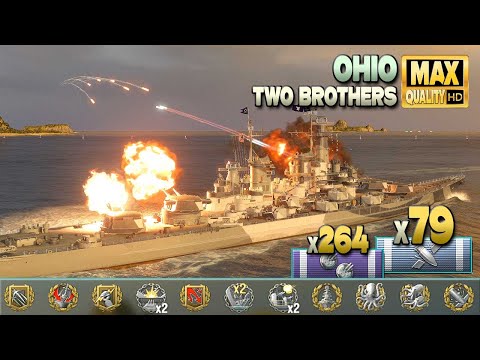 Battleship Ohio: Medal hunter on map Two Brothers - World of Warships
