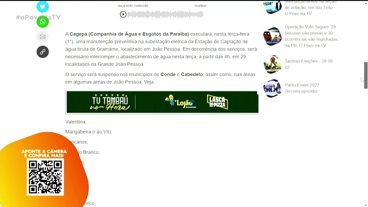 Falta água em 29 localidades da Grande João Pessoa nesta terça (1º) - O Povo na TV