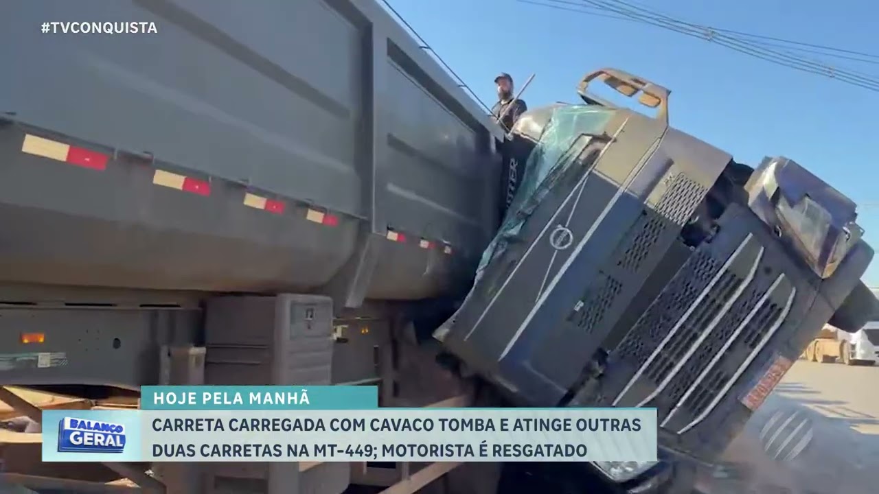 Carreta tomba e acidente com 3 veículos trava avenida em Lucas do Rio Verde
