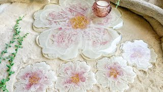 Pink and White 3D Flower Resin Tray and Coaster Set