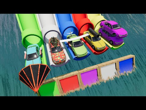 Funny Cars vs Slide Color with Portal Trap - FLYING CAR vs Waterfall - BeamNG #11