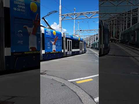 Tram in Geneva at Cornavin railway station, Switzerland. tpg: Transports publics genevois.