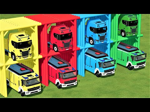 TRANSPORTING OF COLORS ! COLORED FIRE TRUCKS TO GARAGE with TRUCKS ! Farming Simulator 22