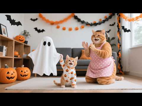 Mama Cat & Ginger Kitten Decorate for Halloween, Dress as Ghosts, and Go Trick or Treating 🎃🐱