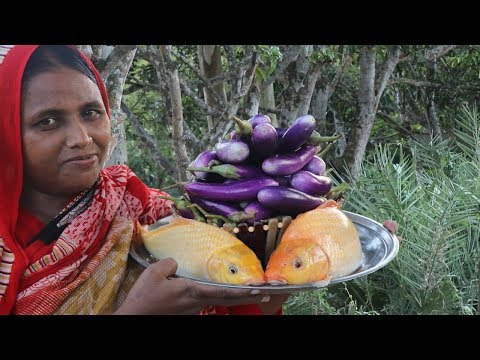 Village Cooking Brinjal & Carp Fish Recipe FARM FRESH Eggplant With Red Carp Fish Curry Village Food Video